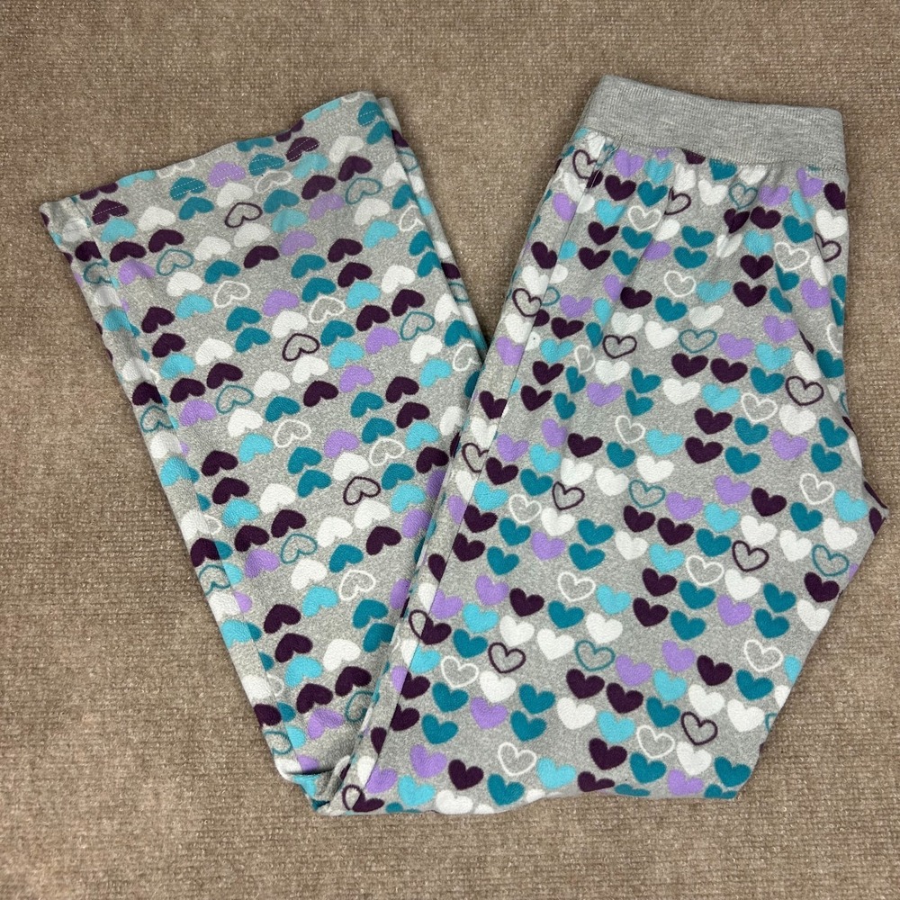 Aeropostale Pajama Pants Womens Medium Multicolor Heart Print Fleece Wide Leg